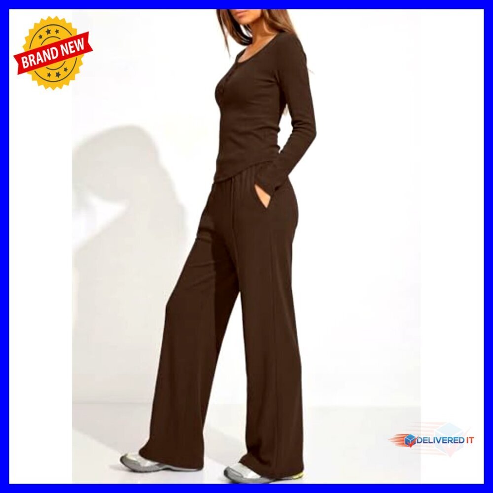 Small Cotton Blend Lounge Set Long Sleeve Henley Wide Leg Pants - Picture 4 of 7